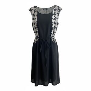 THEME Black Dress with Houndstooth Side Panels and Tie Waist - Size M